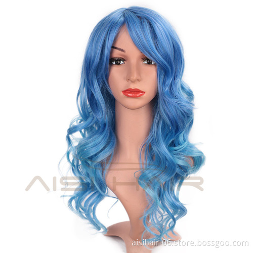 Aisi Hair Heat Resistant Synthetic Fiber Blue Wigs 24 Inch Cosplay Wigs Long Big Wave Cosplay Wigs for Women